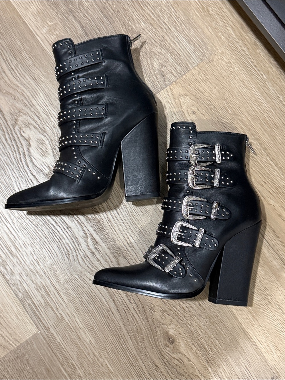 Steve Madden Black Studded Buckle Block-Heel Ankle Boots